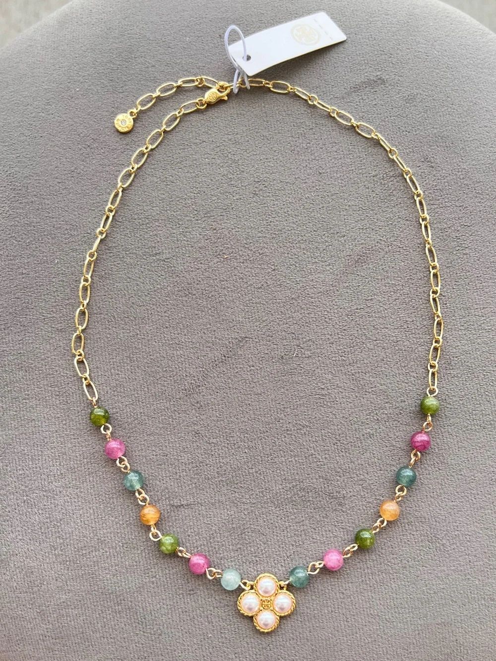 Tory Burch Gold Tone Multicolor Bead Necklace with Pearl Clover Pendant